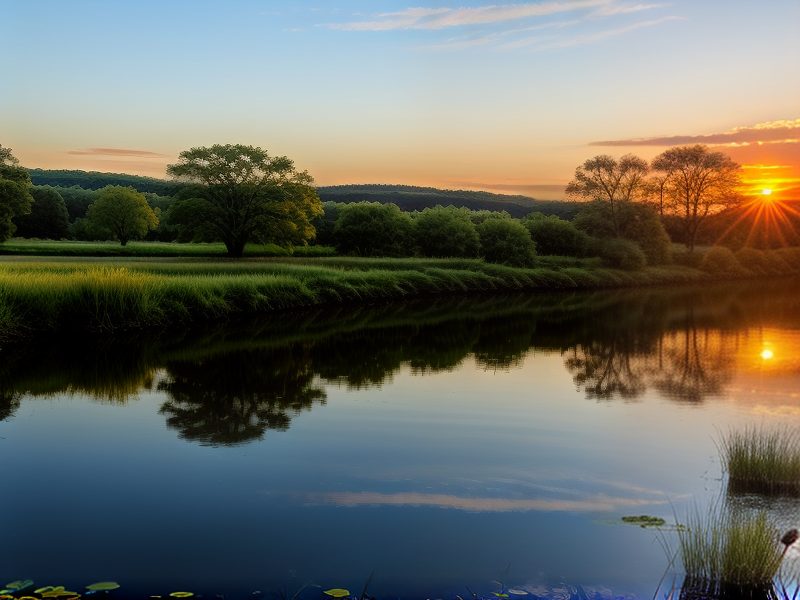 Sunrise over a calm river with trees and grassy banks reflected in the water, and a clear sky with scattered clouds in the background.