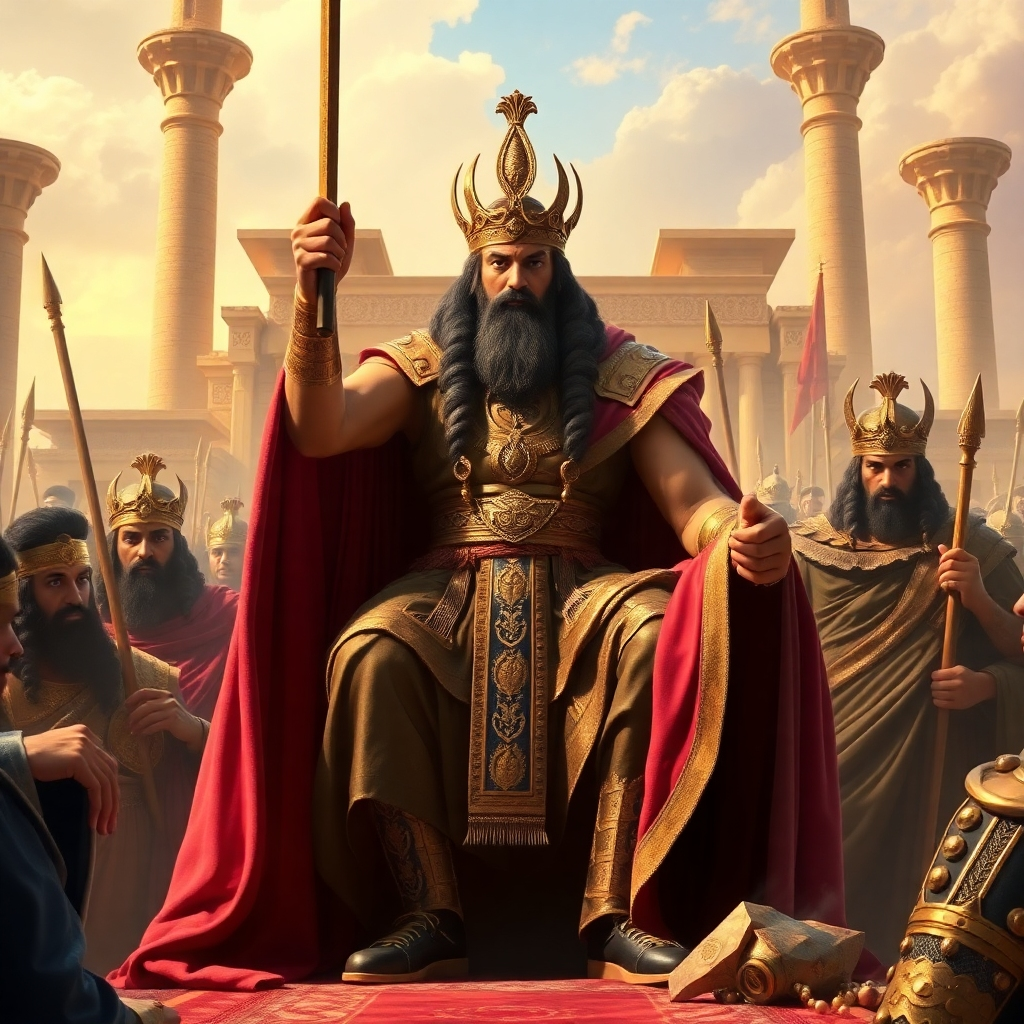 A regal man with a crown sits on a throne, surrounded by attendants in an ancient architectural setting with columns and blue sky.