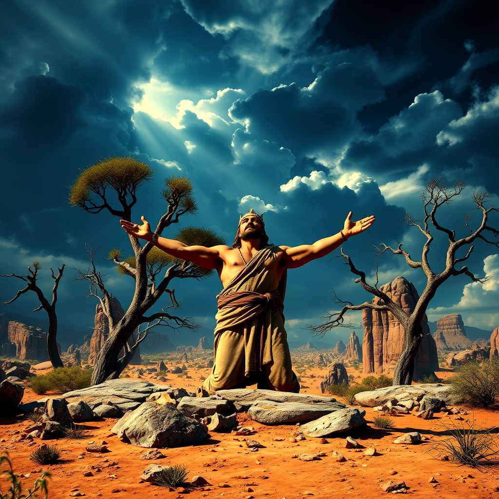 A person kneels on rocky terrain with arms outstretched under a dramatic, cloudy sky, surrounded by sparse trees and rock formations.