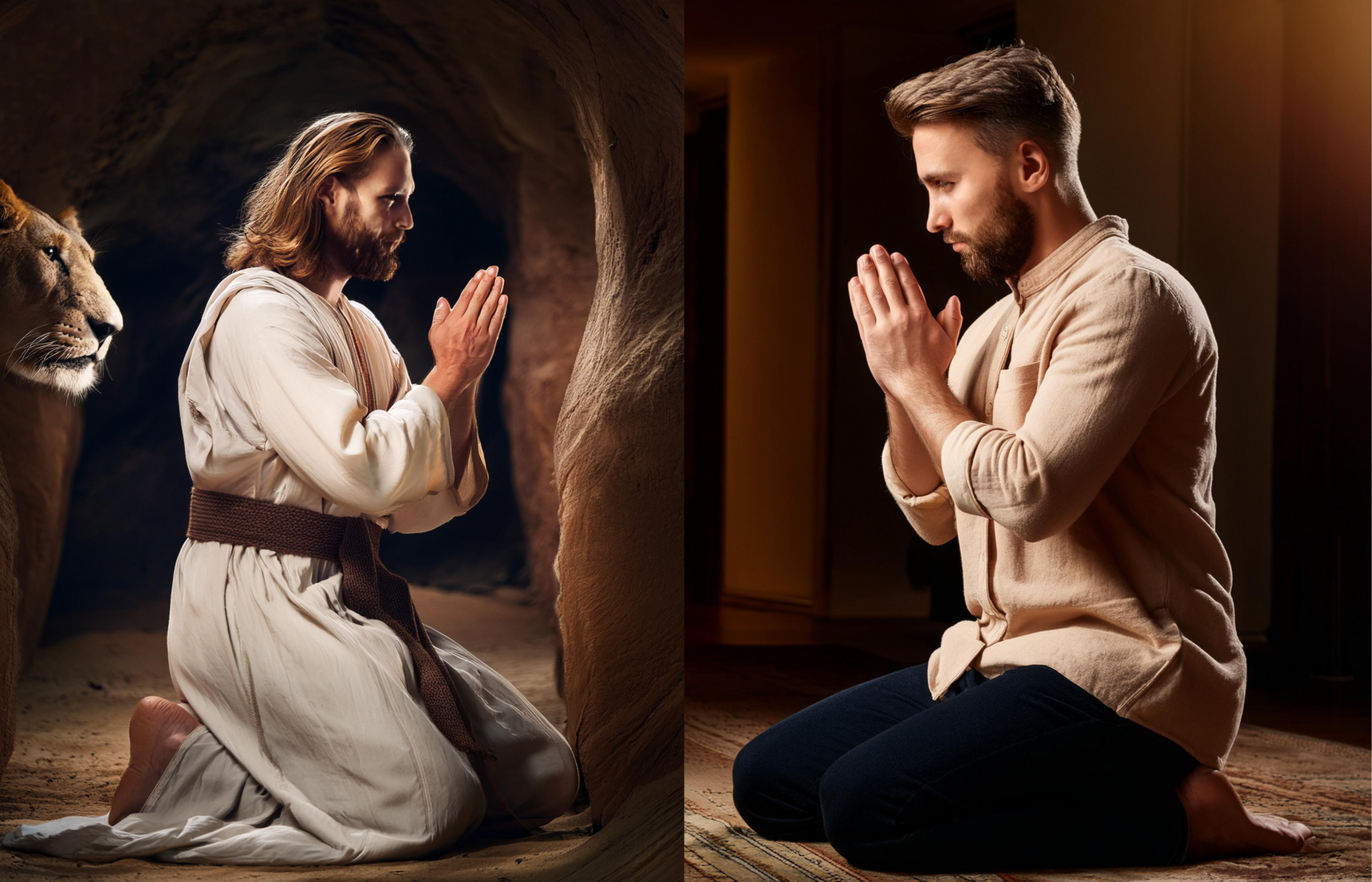 Two men in prayer: one in a robe with a lion beside him in a cave, the other in modern clothes praying indoors. Both seek strength through spiritual training, connecting across turbulent times.