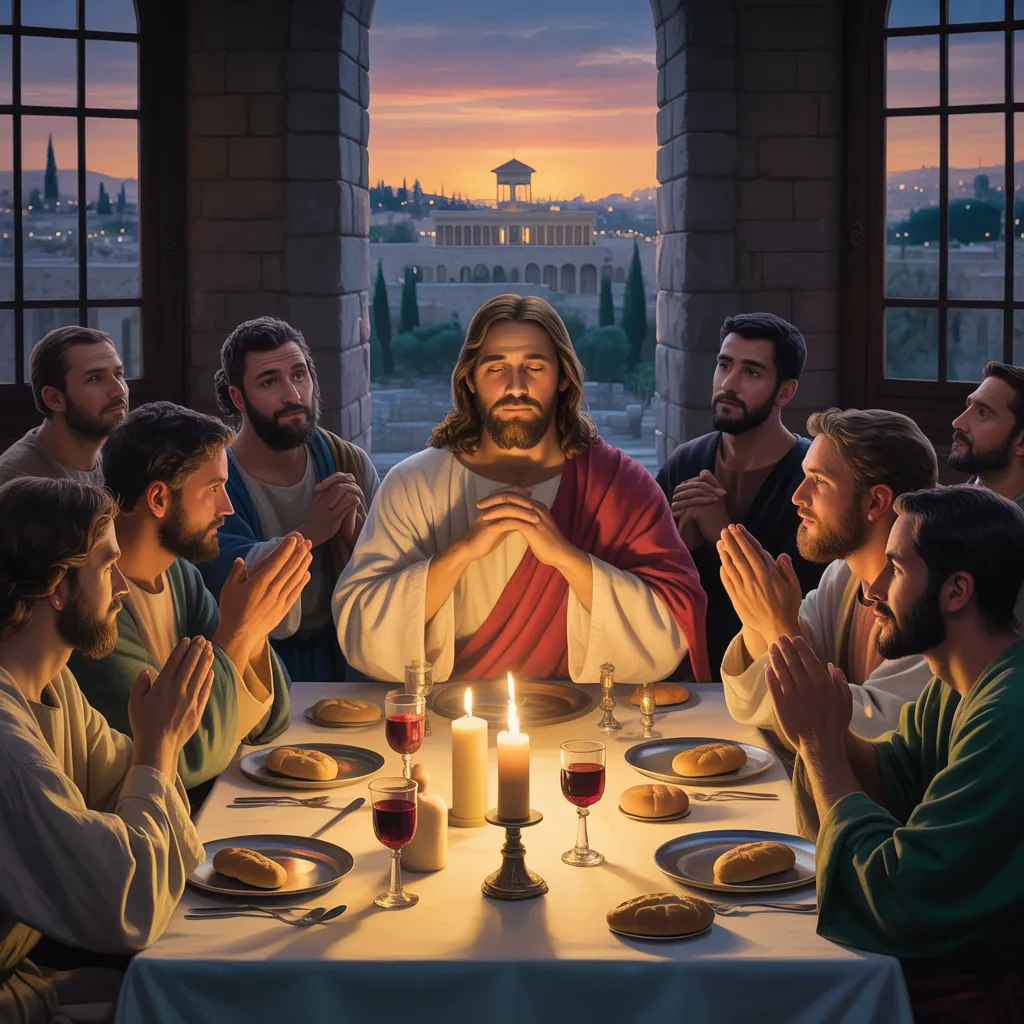 Jesus and his disciples sit around a table with bread and wine, hands clasped in prayer, at sunset in a stone-walled room, representing the Last Supper.