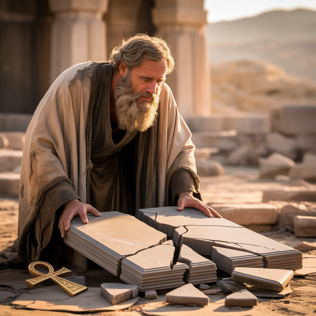 An older man in ancient robes kneels by two shattered stone tablets on the ground, with an ankh symbol beside him, among desert ruins.