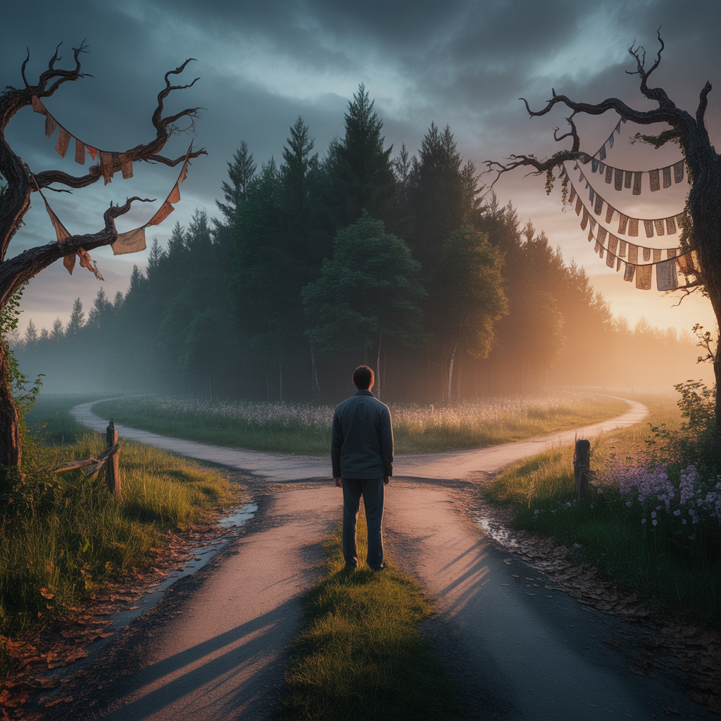 A person stands at a fork in a forest path at sunrise, with tattered cloths hanging from twisted trees on either side, facing the choice of two directions.