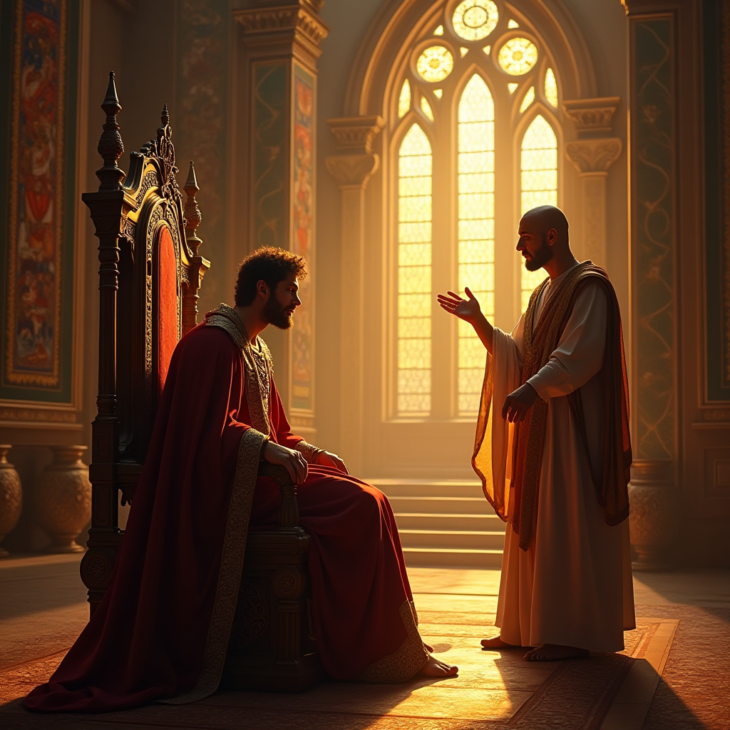 A king sits on a throne listening to a standing advisor in a sunlit medieval hall with stained glass windows.