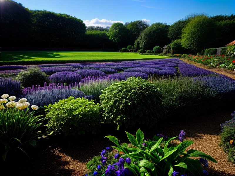 A well-maintained garden with neatly trimmed grass, rows of purple flowering plants, green shrubs, and trees in the background under a clear blue sky.
