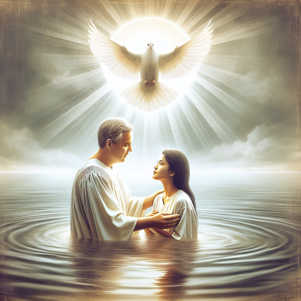 A man and a woman in white robes stand in water for a baptism, with a radiant dove above them, symbolizing the Holy Spirit.