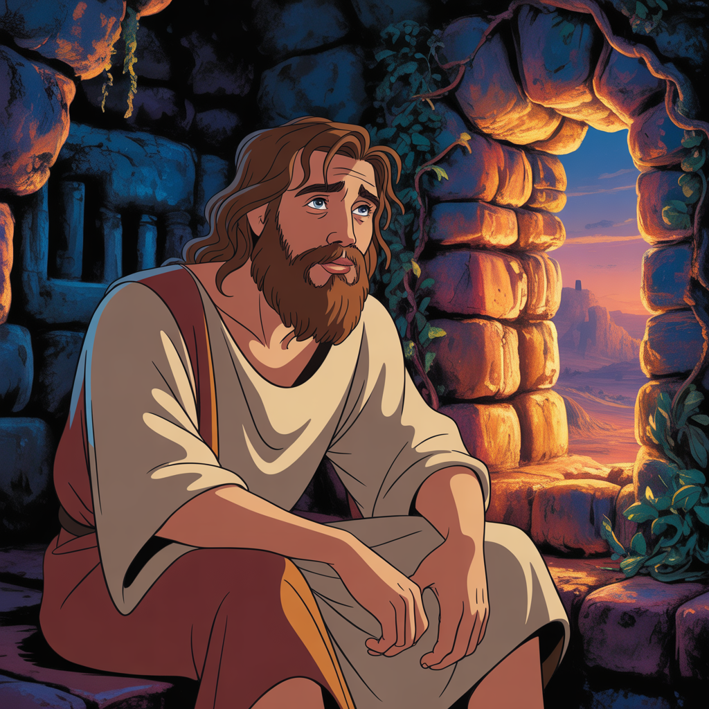 A man with long hair and a beard sits inside a stone structure, looking contemplative, with a sunset landscape visible through an arched opening behind him.