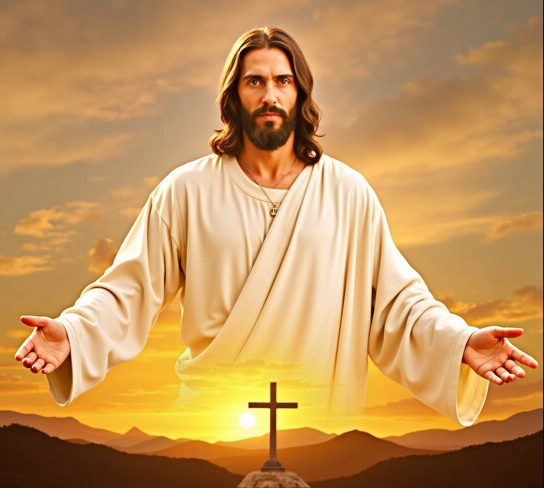 A man in white robes with outstretched arms stands before a cross on a hill, with a sunset and mountains in the background.